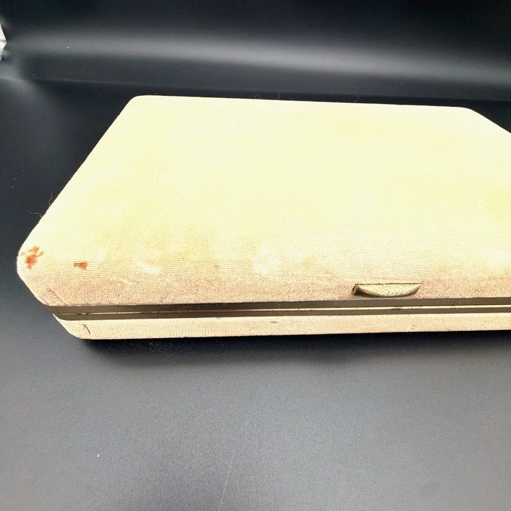 Vintage Velvet Jewelry Box Gold Tone Metal Trim Hinged Lid Mirror
